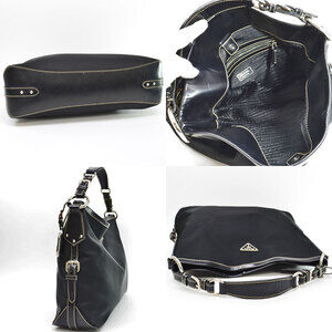 Prada bag black shoulder silver triangle logo metal leather